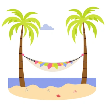 A beach scene featuring a hammock suspended between two tall palm trees. The hammock is made of light fabric with a colorful pattern, gently swaying in the breeze. Small waves are lapping softly at the sandy shore, with a few seashells scattered across the sand. In the background, there are clear blue skies with a few fluffy white clouds drifting by. The palm trees have lush green fronds, providing shade over the hammock.