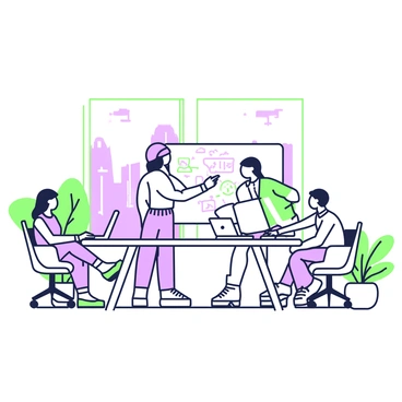 A group of five professionals is gathered in a boardroom. In the center of the room, there is a large white table surrounded by chairs. One person stands at the front, pointing towards a whiteboard filled with notes and diagrams of creative ideas written in green and purple markers. The others are seated, engaged in discussion, with laptops open in front of them. A window in the background lets in natural light, revealing a cityscape outside. A few potted plants are placed around the room, adding to the atmosphere of collaboration.