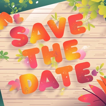 Colorful autumn leaves in varying shades of red, orange, yellow, and brown are arranged on a wooden surface to spell "Save the Date." The leaves are of different shapes and sizes, creating a vibrant and eye-catching display. The background features hints of greenery, adding contrast to the colorful arrangement. Sunlight softly filters through the leaves, casting gentle shadows and enhancing the rich colors of the scene.