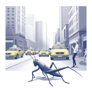 A grasshopper is positioned on a busy urban street. The insect is depicted with its long legs extended, in a mid-hop pose, navigating the pavement. Surrounding the grasshopper, there are several yellow taxis moving along the road, each taxi features prominent signage on the roof. Tall skyscrapers loom in the background, their glass facades reflecting the bustling activity below. Pedestrians are visible on the sidewalks, some engaged in conversations or looking at their phones, contributing to the lively atmosphere of the city. The scene captures the contrast between the small grasshopper and the towering buildings.