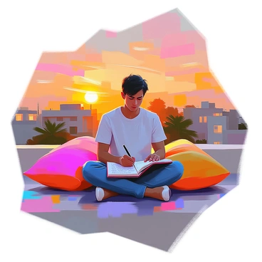 A songwriter with medium skin and black hair sits on a rooftop, surrounded by colorful cushions, as they write lyrics in Hindi in a notebook. The sunset casts warm hues of orange and pink across the sky, creating a vibrant backdrop. The songwriter is wearing a casual t-shirt and jeans, their expression focused and contemplative. The silhouette of distant rooftops and trees can be seen against the colorful sky, adding depth to the scene. A gentle breeze rustles the pages of the notebook, hinting at the creative energy in the air.
