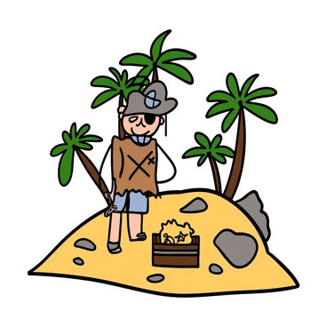 A stickman pirate with a simple stick figure body, wearing a triangular pirate hat and an eye patch, stands on sandy terrain. He is holding a tattered treasure map with an "X" marked on it in one hand, while the other hand is shielding his eyes from the sun as he looks around. The island features palm trees in the background, and there are scattered rocks and a treasure chest partially buried in the sand nearby. The pirate's expression conveys determination as he searches for the hidden treasure.