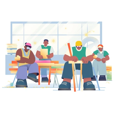 A woodworking factory is depicted with beams of sunlight filtering through the windows, illuminating floating particles of sawdust in the air. Several workers with different skin tones are focused on carving pieces of furniture. One worker, wearing safety goggles, is using a chisel on a wooden chair leg, while another is sanding a tabletop nearby. In the background, stacks of wooden planks are neatly arranged alongside a large industrial saw. The floor is scattered with shavings and sawdust, adding to the busy atmosphere of the factory.