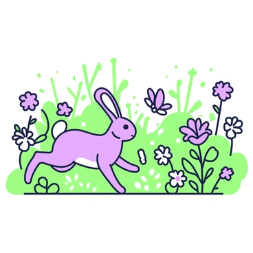 A hare is playfully chasing a butterfly in a flowery garden. The hare has long ears and a fluffy tail, with its legs extended as it leaps forward. The butterfly, with delicate wings, flutters just ahead, evoking a sense of motion. Surrounding them, various flowers bloom in abundance, with petals fully open and vibrant. The garden is lush with greenery, showcasing a variety of plants that add depth to the scene. Sunlight filters through the leaves, casting soft shadows on the ground.