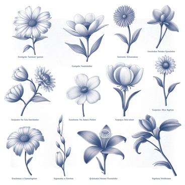 A collection of various flowers illustrated in a vintage style. Each flower is accurately detailed with its petals, leaves, and stems. The arrangement is similar to an old botanical chart, with labeled names beneath each flower. The overall layout has a structured and organized appearance, with a focus on clarity and educational presentation. The background features subtle textures that evoke an aged paper effect, enhancing the vintage aesthetic of the design.