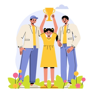 A family stands together outdoors, posing for a photo. The parents have big smiles on their faces, showing pride and joy. Their child, a young girl, stands in the center, holding a shiny spelling bee trophy high above her head. She wears a vibrant yellow dress that matches the trophy, and her hair is styled in two playful pigtails. In the background, there is a bright blue sky with a few fluffy white clouds, enhancing the cheerful atmosphere of the moment. The family is surrounded by lush green grass and colorful flowers, creating a warm and inviting scene.