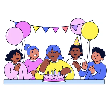 A person is blowing out candles on a round birthday cake with pink frosting. The cake is adorned with colorful sprinkles and sits on a table. Surrounding the person are four friends, all smiling and clapping. Each friend has a different expression of joy, and one friend is holding a party hat. Balloons in various colors float above the scene. A streamer decorates the background, adding to the festive atmosphere.