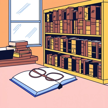 A cozy section of a bookstore with wooden shelves filled with leather-bound books in various shades of brown and black. The books are stacked both vertically and horizontally, showcasing ornate gilded titles on their spines. An antique pair of reading glasses is placed casually on a nearby open book, with delicate details in the frame visible. Soft light filters through a nearby window, gently illuminating the space. A small wooden table nearby holds a few more leather-bound books, inviting readers to sit and explore.
