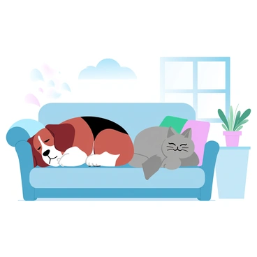 A beagle with a short, brown and white coat is curled up on a comfortable sofa. Next to the beagle, a fluffy cat with long fur in shades of gray is also napping peacefully. The sofa is adorned with colorful pillows, and a cozy blanket is draped over the armrest. Sunlight filters through a nearby window, casting soft shadows across the scene. A small potted plant is placed on a side table next to the sofa, adding a touch of greenery to the cozy setting.