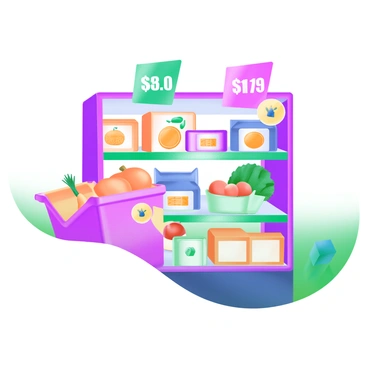 A modern pastel illustration featuring a colorful array of diverse products displayed on supermarket shelves. Each product, including items like cereal boxes, canned goods, and fresh produce, has a ceiling price sticker attached. The stickers are vibrant, with bold numbers showcasing the prices. The products are arranged neatly, with a bright, inviting background to enhance the supermarket setting.