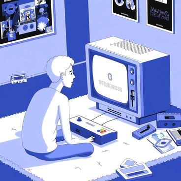 A teenager is sitting on a worn-out carpet in a dimly lit room. The teenager is focused on a vintage video game console, with colorful buttons and a joystick, connected to an old television set that has dials and knobs. The screen displays pixelated graphics of a classic video game. Posters of popular bands and movies from the 90s are hung on the walls. There is a stack of game cartridges next to the console. The room is cluttered with retro items, including a cassette player and a few magazines from that era. A soft glow emanates from the TV screen, illuminating the teenager's face.