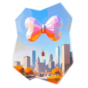 A "wishbone-shaped balloon" in bright colors is gently floating above a bustling city skyline. In the foreground, the balloon is detailed with glimmering highlights, reflecting sunlight. Below, a diverse array of buildings rises into the sky, showcasing various architectural styles, from modern skyscrapers to older brick structures. The city is alive with activity, with tiny figures walking along the streets and vehicles moving on the roads. The sky is a clear blue, providing a vibrant backdrop for the balloon's whimsical shape.