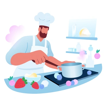 A chef wearing a white apron is standing in a kitchen, surrounded by various fresh berries including strawberries, blueberries, and raspberries. The chef is holding a wooden spoon and is focused on a pot on the stove where the berry sauce is simmering. On the countertop, there is a range of ingredients neatly arranged, including sugar, lemon, and a small bowl of water. Light streams in through a nearby window, illuminating the vibrant colors of the berries and the kitchen setting.