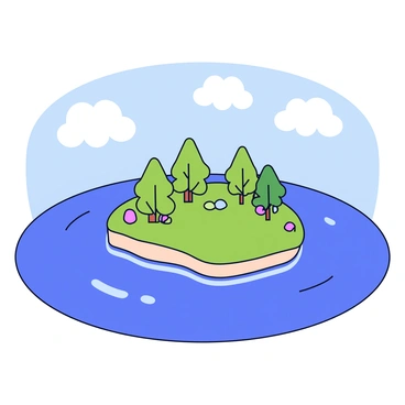 A tiny island with vibrant green vegetation sits in the middle of a large lake. The island features a variety of small trees and colorful shrubs, creating a dense and lush appearance. Surrounding the island, the lake's surface reflects the blue sky and fluffy white clouds above. The water is calm, with gentle ripples radiating from the edges of the island.