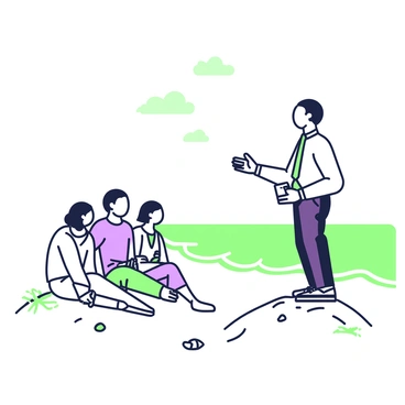 A preacher stands on a small rise of sand, delivering a sermon with an outstretched hand. He is wearing a light-colored long-sleeve shirt and dark trousers, and has short hair. A small group of five people sits in a semicircle on the sand, attentively listening. They vary in age and gender, with one person holding a notebook. The ocean is visible in the background, with gentle waves lapping at the shore. The sky above is clear with a few scattered clouds. Small seashells and bits of seaweed are scattered across the sand near the group.