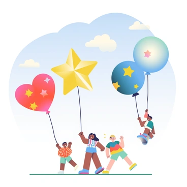 Multiple colorful gas balloons in various shapes are floating high in the sky, each one displaying unique patterns and designs. The balloons include a bright red heart-shaped balloon, a yellow star-shaped balloon, and a blue circular balloon. They are racing side by side, with their strings held by excited children on the ground below. The children, wearing vibrant summer clothes, are cheering and laughing as they watch the friendly competition unfold. The sky is a crisp blue, dotted with fluffy white clouds, creating a cheerful backdrop for the scene.