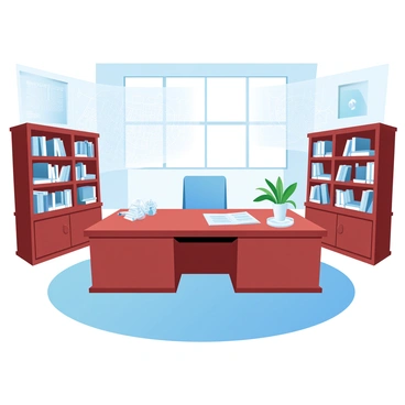 The interior of a mayor's office is shown, featuring a large wooden desk positioned centrally within the room. The desk is cluttered with various documents, a decorative pen holder, and a small potted plant. Surrounding the desk are elegant bookshelves filled with various books and city-related materials. The walls are adorned with detailed city maps framed in polished wood, showcasing the layout and key areas of the city. Large windows allow natural light to flood the room, illuminating a plush area rug beneath the desk.