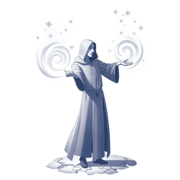 A sorcerer stands in a dynamic pose, their arms outstretched as they cast a powerful spell. They are adorned in a long robe with intricate patterns and a hood that partially obscures their face. Swirling energies of various shapes and sizes surround them, creating a sense of movement and intensity. The ground beneath their feet is cracked and uneven, showing signs of the spell's force. Above, the air shimmers with magical energy, enhancing the atmosphere of the scene. The sorcerer's expression is focused and determined, highlighting their mastery of the craft.