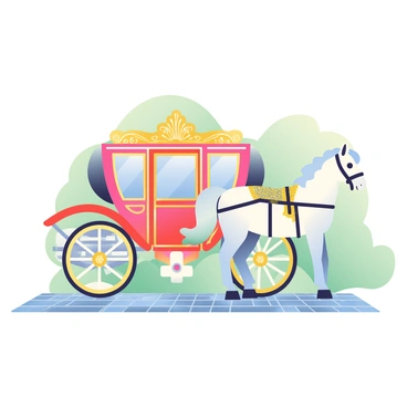 An elegant royal carriage with intricate gold leaf decorations is positioned in the center of the image. The carriage features large, curved wheels and a richly upholstered interior visible through the windows. In front of the carriage stands a beautiful white horse with a flowing mane, adorned with a decorative harness that includes a shimmering gold trim. The horse is poised on a cobblestone path, and the background suggests a lush green landscape. The overall scene conveys a sense of grandeur and opulence.