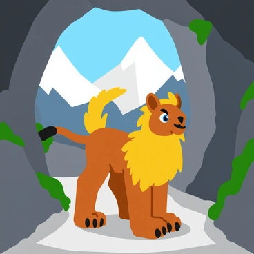 A noble griffin with golden-brown feathers and a majestic lion-like body stands guard at the entrance of a secret mountain cave. The griffin has piercing blue eyes and sharp claws, showcasing its regal demeanor. The cave entrance is framed by rugged gray rocks, with patches of green moss clinging to the sides. Sunlight streams in from above, casting dramatic shadows on the cave walls. The background features towering mountain peaks covered in snow, creating a sense of isolation and mystery.