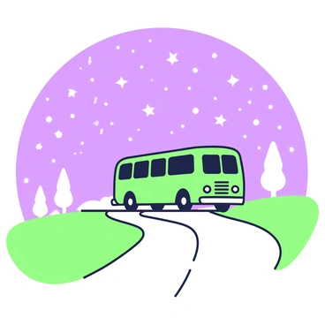 A lone bus is parked on a winding rural road. The bus is designed with simple lines and a streamlined shape. Above the bus, a starlit sky spreads out, filled with numerous stars twinkling brightly. The rural road is lined with soft grass on both sides, and there are faint silhouettes of trees in the distance. The scene evokes a sense of tranquility and solitude in the quiet countryside.