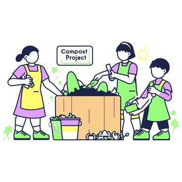 A group of children is gathered in a garden area, actively participating in a school project to create a compost bin from food scraps. One child, wearing a bright yellow apron, is holding a handful of vegetable peels, while another child is mixing them with leaves in a large wooden bin. A third child is carefully adding coffee grounds from a container. Nearby, a stack of colorful buckets filled with food scraps, such as fruit skins and eggshells, is visible. The scene includes a small sign that reads "Compost Project" in neat letters, and a few garden tools lie scattered around the area. A sunny day enhances the vibrancy of the outdoor setting.