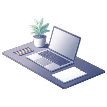A tidy desk workspace is presented. On the surface, there is a sleek laptop positioned at the center. To one side, a potted plant adds a touch of greenery, its leaves vibrant and well-maintained. In front of the laptop, a notepad lies open, and several colorful pens are resting beside it, ready for use. The entire scene is organized, reflecting a sense of order and productivity.