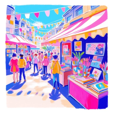 A vibrant festival scene features several stalls lined up, each adorned with colorful banners. One stall displays a variety of "illustration prints" hanging from a clothesline, showcasing different artistic styles. Nearby, another stall is filled with "postcards" featuring scenic views, whimsical characters, and abstract designs laying neatly stacked in a wooden box. A third stall is dedicated to "art supplies," including vibrant colored pencils, sketchbooks, and paint sets arranged in an organized manner. The atmosphere is bustling with festival-goers exploring the stalls and chatting animatedly. Brightly colored decorations hang above, adding to the festive ambiance.