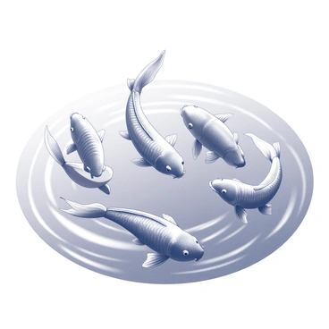 A group of koi fish swimming just below the surface of a pond. Their bodies are gracefully arching as they rise to gather food, with their fins extended and tails fanning out. The water's surface is disturbed, creating rippling patterns that reflect the movement of the fish. The scene captures the excitement of the moment, with several koi fish closely interacting as they compete for the food. The pond background is subtly indicated, adding to the tranquil atmosphere of the scene.