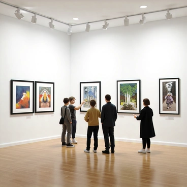 A spacious gallery exhibition room with high white walls and polished wooden floors. Various illustrations are displayed in sleek black frames, each showcasing different styles of artwork. Some illustrations are vibrant and colorful, while others feature monochromatic designs. The lighting is bright and evenly distributed, highlighting the details in each piece. In the foreground, a small group of art enthusiasts is engaged in discussion, pointing at the illustrations. A title plaque is visible next to each artwork, providing information about the artist and the technique used.