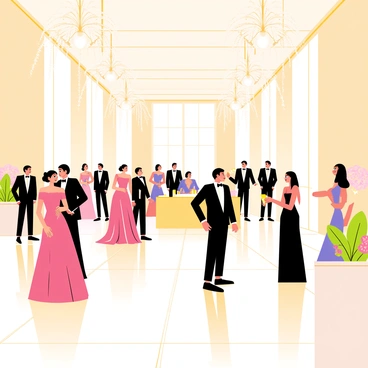 A glamorous gala event taking place in a grand hall. The floor is polished marble, reflecting the warm light from large crystal chandeliers. Guests are mingling, dressed in elegant evening gowns and sharp tuxedos. Some guests are holding sparkling champagne flutes. Beautiful floral arrangements with vibrant colors are placed on tables throughout the room. A string quartet is playing music in the corner, enhancing the festive atmosphere.