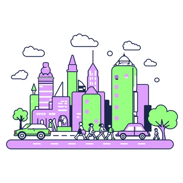 A vibrant city skyline filled with cartoonish skyscrapers of varying heights and shapes. Some of the skyscrapers have rounded tops and whimsical designs, while others have angular features. In the foreground, tiny cars are seen driving along a busy street, with a few parked alongside the road. People are bustling about on the sidewalks, some walking in groups and others alone. A couple of trees are interspersed among the buildings, adding greenery to the urban scene. In the sky above, a few fluffy clouds create a lively atmosphere.