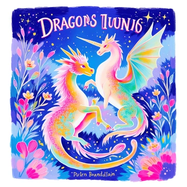 A book cover features a dragon with shimmering emerald scales and large, powerful wings, entwined with a unicorn that has a flowing mane made of light and a spiral horn. The background is filled with lush, vibrant greenery and ethereal flowers that glow softly. Wisps of mist swirl around their hooves and claws, adding an air of mystery. Above, a starry night sky twinkles with bright constellations, casting a serene light over the scene. The title of the book is prominently displayed at the top in ornate lettering.