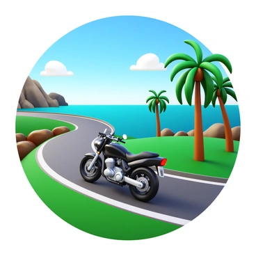 A BMW motorcycle is traveling along a winding coastal road. The motorcycle has a shiny black and silver color scheme, reflecting the sunlight. In the background, there are tall palm trees swaying gently in the breeze. The road is bordered by vibrant green grass and rocky cliffs that drop off into the turquoise ocean below. The sky is clear with a few fluffy white clouds, suggesting a sunny tropical day. The scene captures the sense of freedom and adventure associated with riding along such a picturesque route.