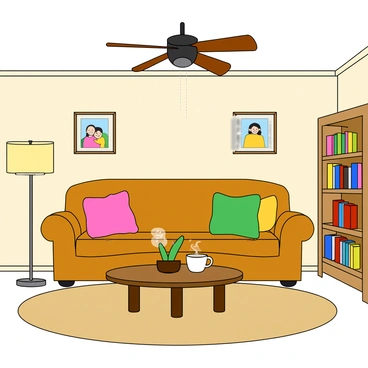A view of a ceiling fan spinning gently above a cozy living room scene