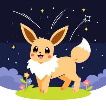 An Eevee with fluffy, light brown fur is joyfully standing on a patch of soft green grass. Its large ears are perked up, and its eyes are wide with excitement. The sky above is dark blue, filled with numerous shooting stars streaking by, creating bright trails of light. Some stars are white, others are a sparkling gold, and a few are vibrant colors like pink and green. The scene is illuminated by the glow of the stars, casting a gentle light on Eevee. Nearby, colorful flowers are swaying gently in the light breeze, adding to the festive atmosphere of the celebration.