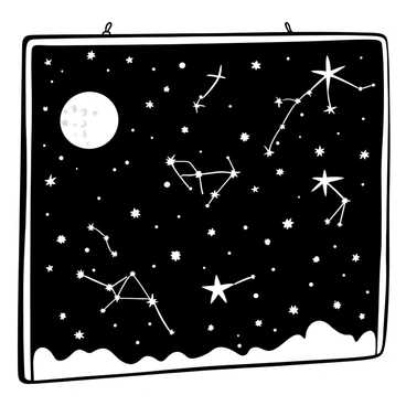 A large 8x10 board displaying a starry night sky filled with numerous stars scattered across the surface. Intricate constellations are illustrated with connecting lines, forming recognizable patterns among the stars. A prominent, bright moon is positioned in one corner of the board, casting a distinct light on the surrounding stars and constellations. The overall composition captures the vastness and beauty of a clear night sky.