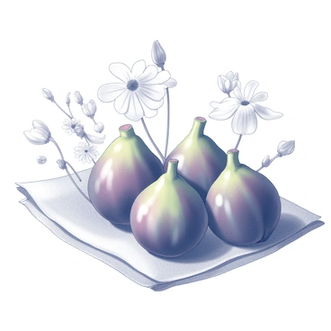 A grouping of ripe figs arranged artfully on a soft linen cloth. The figs are plump and have a varied texture, showcasing their natural shapes. Surrounding the figs are an assortment of wildflowers, each displaying unique shapes and sizes. The flowers are in various stages of bloom, creating an interesting composition. The linen cloth provides a gentle, textured background that complements the fruits and flowers.