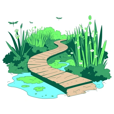 A wooden boardwalk winds through a vibrant, green wetland area filled with a variety of tall grasses and flowering plants. The boardwalk is made of weathered wooden planks, and it curves gently, leading deeper into the lush environment. Surrounding the boardwalk, a mixture of rich foliage creates a dense backdrop, while patches of calm water reflect the greenery and the bright sky above. Dragonflies and small birds can be seen flitting around, adding life to the tranquil scene.