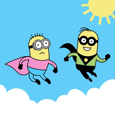 Two minions flying through a bright blue sky, each wearing different superhero costumes. One minion is dressed in a red and blue suit with a cape, while the other wears a green and black outfit with a mask. Both minions have their trademark goggles on and are smiling. Below them, fluffy white clouds are visible, creating a playful atmosphere. Sunlight shines brightly, highlighting their vibrant costumes.
