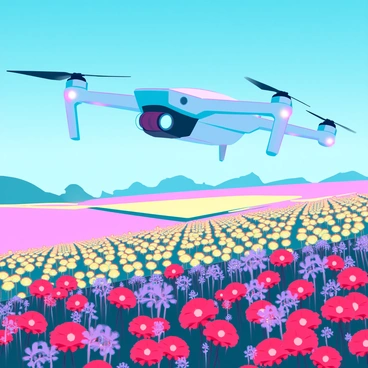 A sleek, futuristic drone with metallic body and glowing blue lights hovers above expansive fields filled with vibrant blooming flowers. The flowers are in a variety of colors, including bright reds, yellows, purples, and blues, creating a stunning mosaic on the landscape below. The fields stretch out in all directions, with the drone positioned at the center, capturing the beauty of the scene. The sunlight casts a warm glow over the flowers, enhancing their colors and creating a vivid contrast with the clear blue sky above.