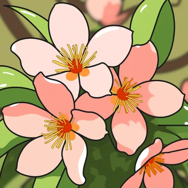 A close-up view of delicate peach blossoms in full bloom, showcasing soft pink petals with subtle white edges. The flowers are surrounded by vibrant green leaves, glistening in the sunlight. Each blossom features a cluster of yellow stamens at the center, adding contrast to the petals. The sunlight creates gentle highlights and soft shadows on the flowers, emphasizing their texture and fragility. The background is softly blurred, enhancing the focus on the beautiful blossoms.