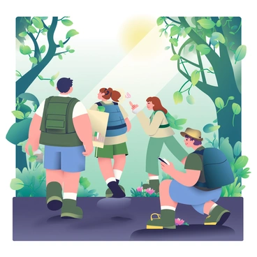 A group of three explorers is navigating through dense jungle foliage. One explorer has short black hair and is wearing a green utility vest with cargo shorts. He is holding a large map in one hand and looking ahead. The second explorer has long brown hair tied back and is dressed in a lightweight, long-sleeve shirt and hiking boots. She is pointing towards a nearby tree, which has thick vines and large, green leaves. The third explorer is a tall man with curly hair, wearing a wide-brimmed hat and a backpack. He is taking notes in a small notebook, crouched near the rich, dark soil where a few colorful flowers are visible. Sunlight filters through the canopy, creating dappled light on the ground.