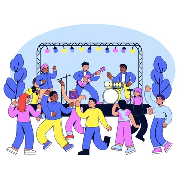 A band playing on stage with three musicians: a guitarist, a drummer, and a vocalist. The stage is decorated with colorful lights illuminating the musicians. In front of the stage, there is a diverse audience of people dancing enthusiastically, with some individuals raising their arms and others moving to the rhythm. The background features trees and a clear blue sky, enhancing the outdoor atmosphere of the concert.