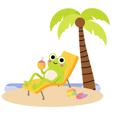 A cute green frog sitting comfortably on a bright yellow beach chair. The frog has big round eyes and a content expression while holding a coconut drink with a straw. A tall palm tree with a thick trunk and broad, green leaves provides shade overhead. The sandy beach stretches out in the background, with gentle waves lapping at the shore. A few colorful beach towels and seashells are scattered on the sand nearby.