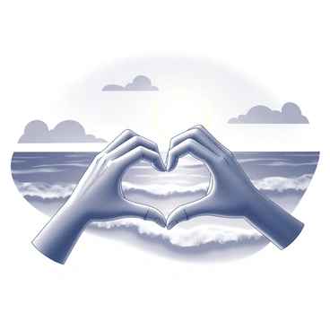 Two hands are positioned together, forming a heart shape. The hands are detailed, showing individual fingers and textures of the skin. In the background, a sunset casts a dramatic scene over the ocean. The sun is partially visible, creating a strong contrast as it descends towards the horizon. The waves of the ocean are gently rolling, capturing the light of the sunset. The sky is filled with various shapes of clouds, adding depth to the scene.