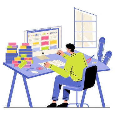 An editor is seated at a large film editing desk. The desk is cluttered with various film reels, some stacked and others unrolled, showcasing vibrant film strips. A computer monitor is prominently displayed, showing editing software with colorful timelines and clips. There are several tools scattered across the desk, including scissors and tape. Sunlight filters through a nearby window, casting soft shadows across the workspace. The editor appears focused, adjusting settings on the computer while surrounded by an organized chaos of creativity.