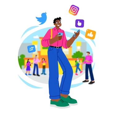 A person holding a smartphone in their right hand, looking intently at the screen. They are standing in a bustling urban environment with buildings and people in the background. Surrounding them are colorful icons representing various social media platforms, such as a blue bird for Twitter, a camera for Instagram, and a thumbs-up symbol for Facebook. Each icon is vibrant and distinct, floating around the person to emphasize their influence on society. The scene is lively, with a mix of colors and dynamic interactions between the icons and the urban setting.