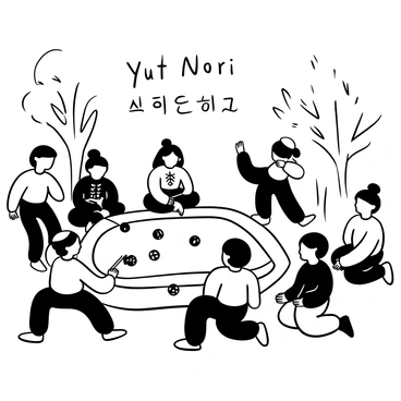 A group of children gathered around a large Yut Nori board on the ground, each enthusiastically rolling the yut sticks. The children are wearing traditional Korean attire with vibrant patterns and designs. Some children are sitting cross-legged, while others are standing close, eagerly watching the game unfold. In the background, there are trees with leaves gently rustling in the breeze. The sun is shining brightly, casting shadows on the ground, creating an inviting atmosphere for the playful scene. The words "Yut Nori" are displayed prominently above the game.