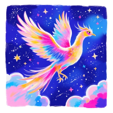 A celestial phoenix is depicted soaring through space, its wings outstretched. The phoenix is covered in shimmering feathers that display a gradient of cosmic colors, including deep blues, radiant purples, and vibrant golds. Its eyes are bright and glowing, reflecting the stars around it. The background is filled with distant galaxies and twinkling stars, enhancing the cosmic atmosphere. A trail of sparkling stardust follows the phoenix as it glides gracefully through the vast expanse of the universe.